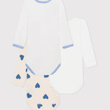 Petit Bateau - Blauwe bodies lange mouw (3pack) - Hartjes