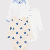 Petit Bateau - Blauwe bodies lange mouw (3pack) - Hartjes